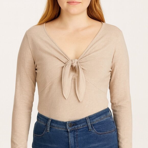 Abercrombie & Fitch Bodysuit Beige Tie Front V Neck Long Sleeve Small New - Picture 11 of 11